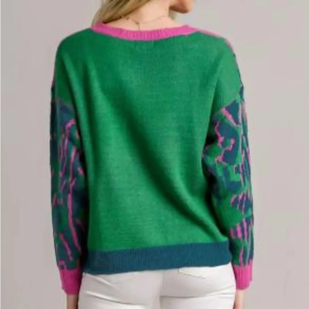 Umgee Colorblock Leopard Pullover Sweater in Green Mix NWT Sz Large